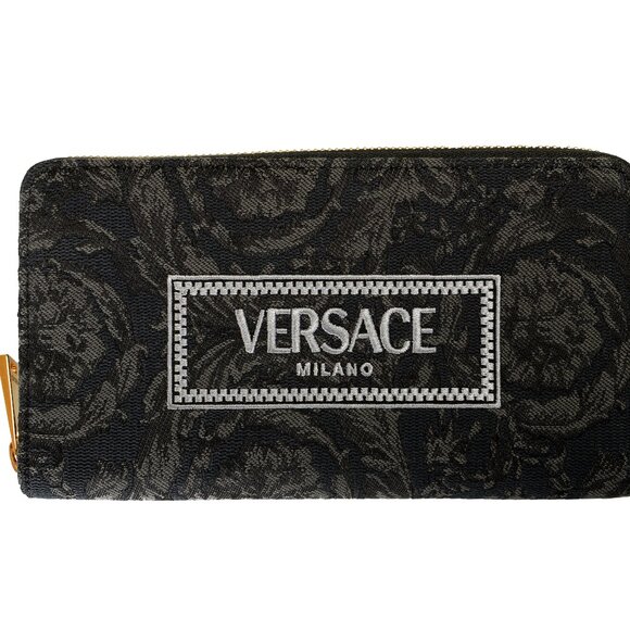 Versace Women's Black Logo Embroidery Jacquard Zip Around Wallet - Picture 1 of 5